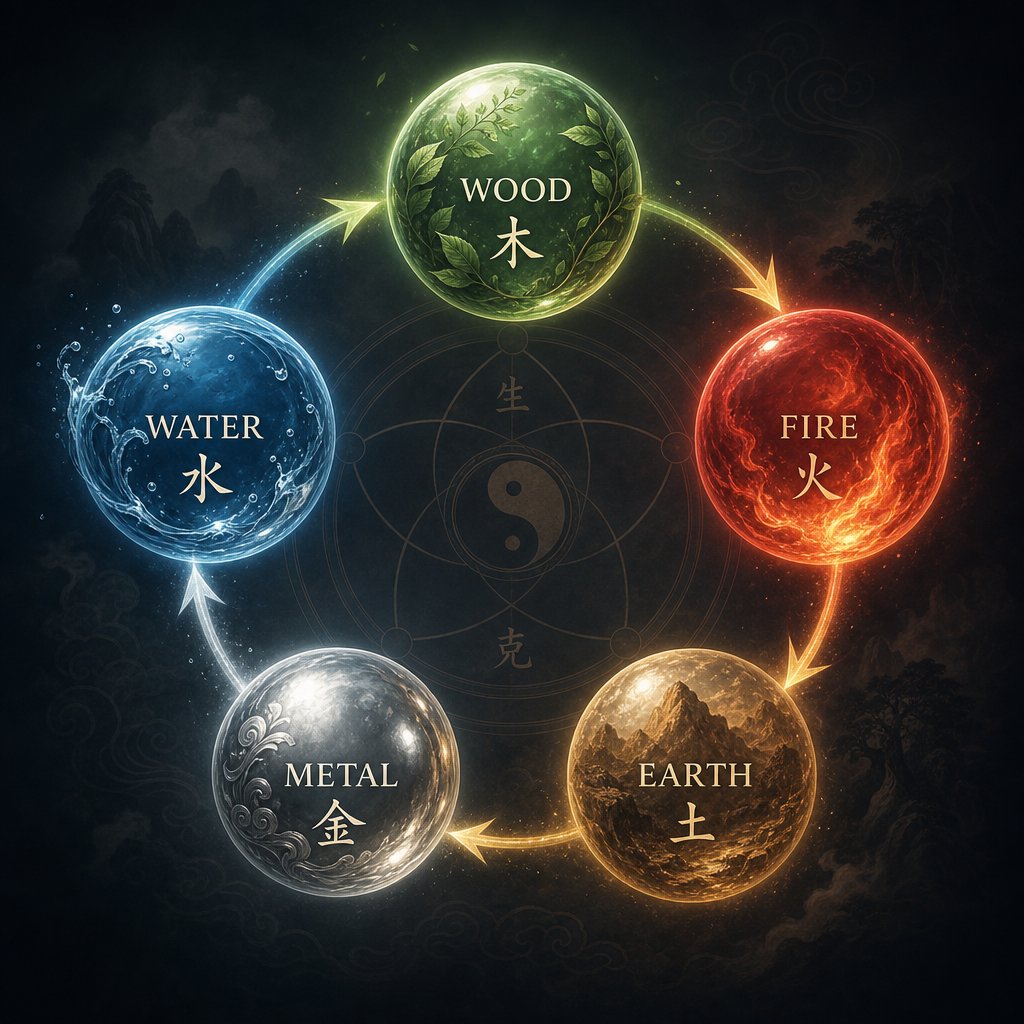 the five elements productive cycle showing how wood fire earth metal and water generate one another