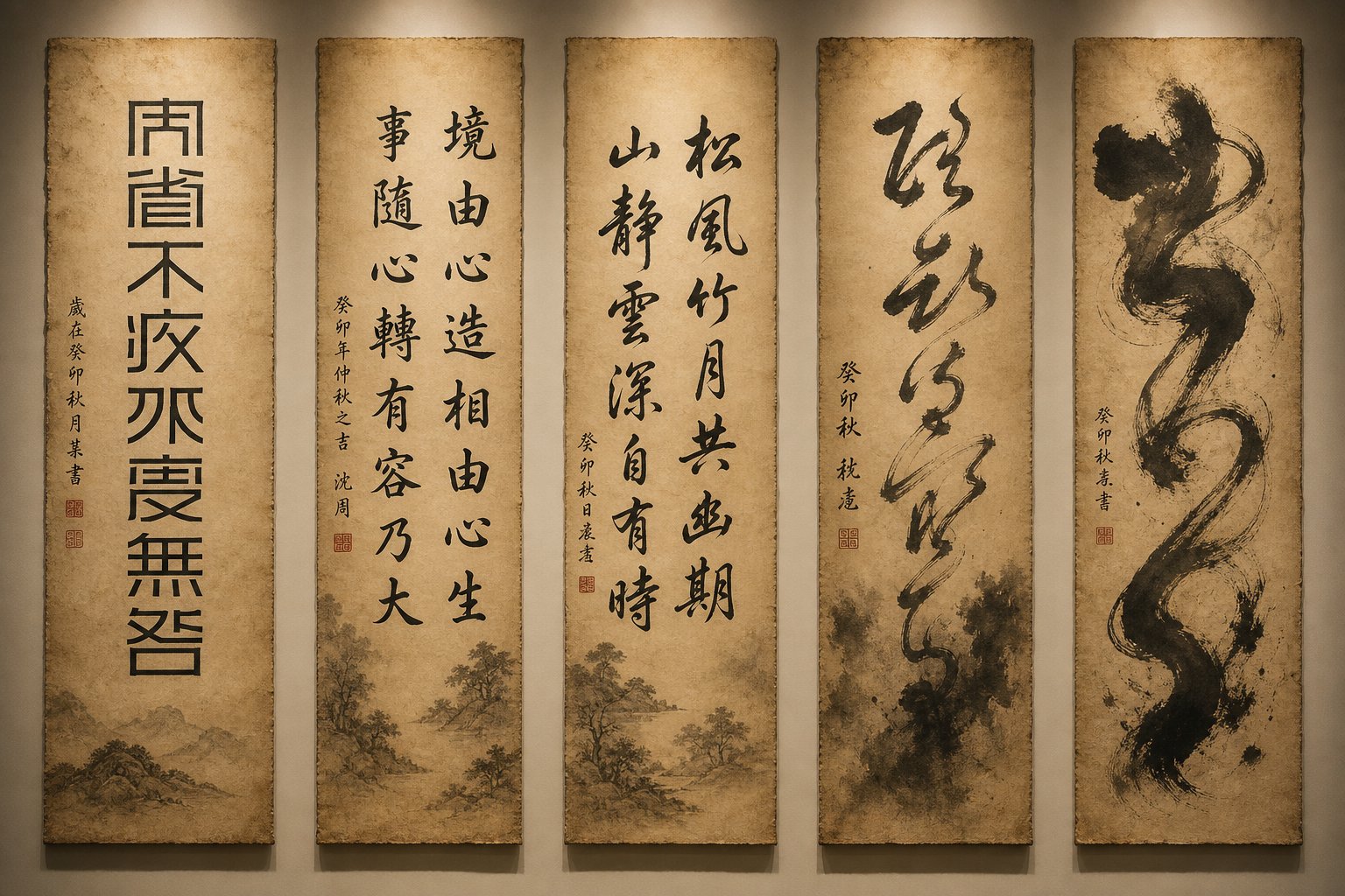 the five major chinese calligraphy scripts shown side by side from formal seal script to expressive cursive