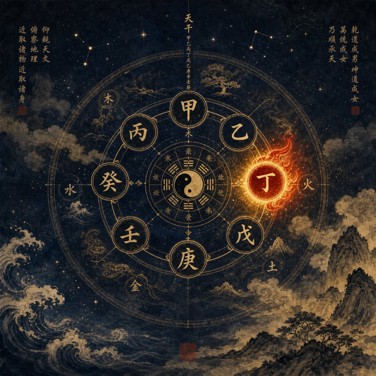 the fourth heavenly stem position links the character 丁 to fire energy and southern vitality in chinese cosmology