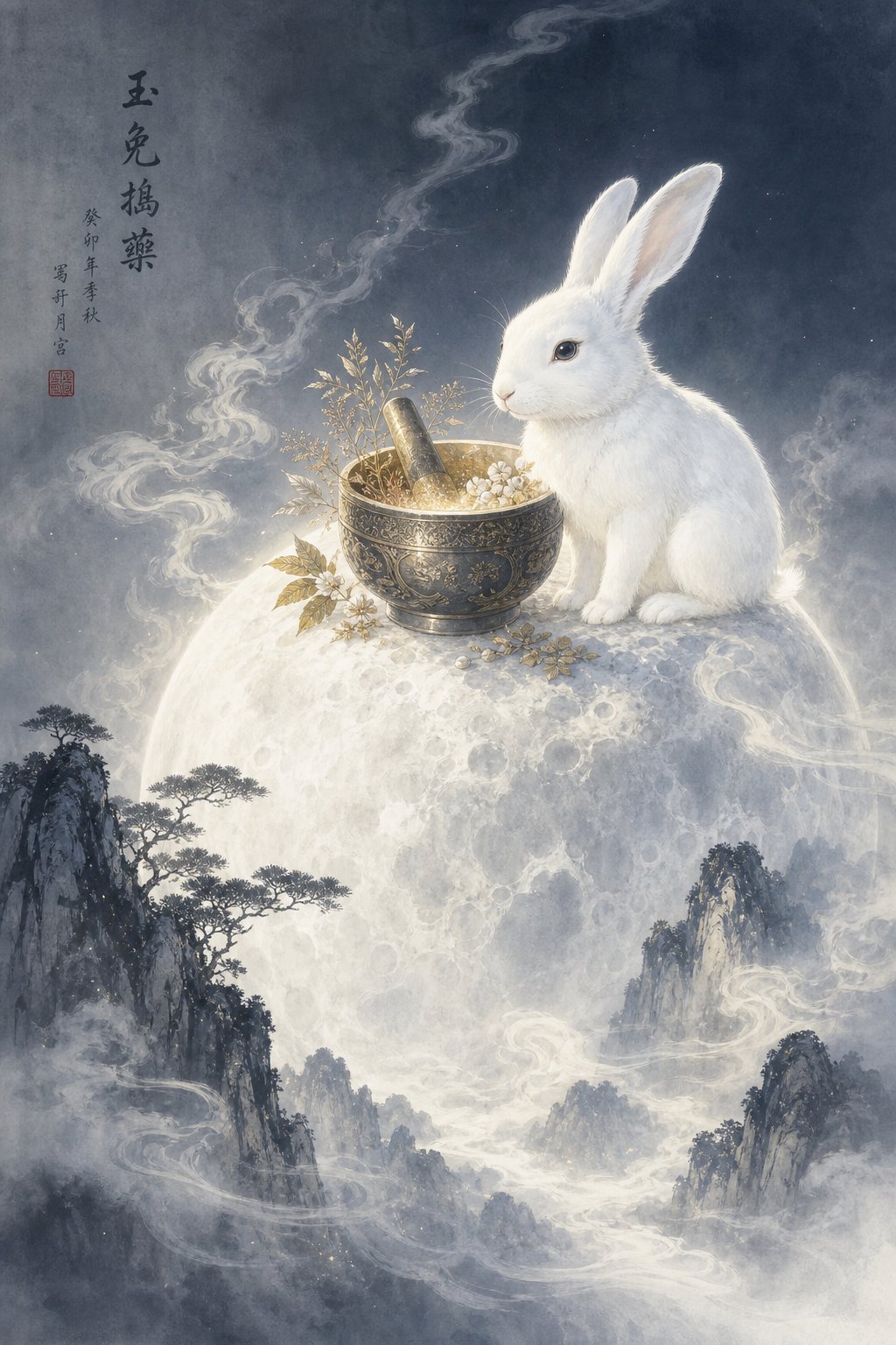 the jade rabbit of chinese mythology faithfully grinding herbs on the moon alongside the goddess chang'e