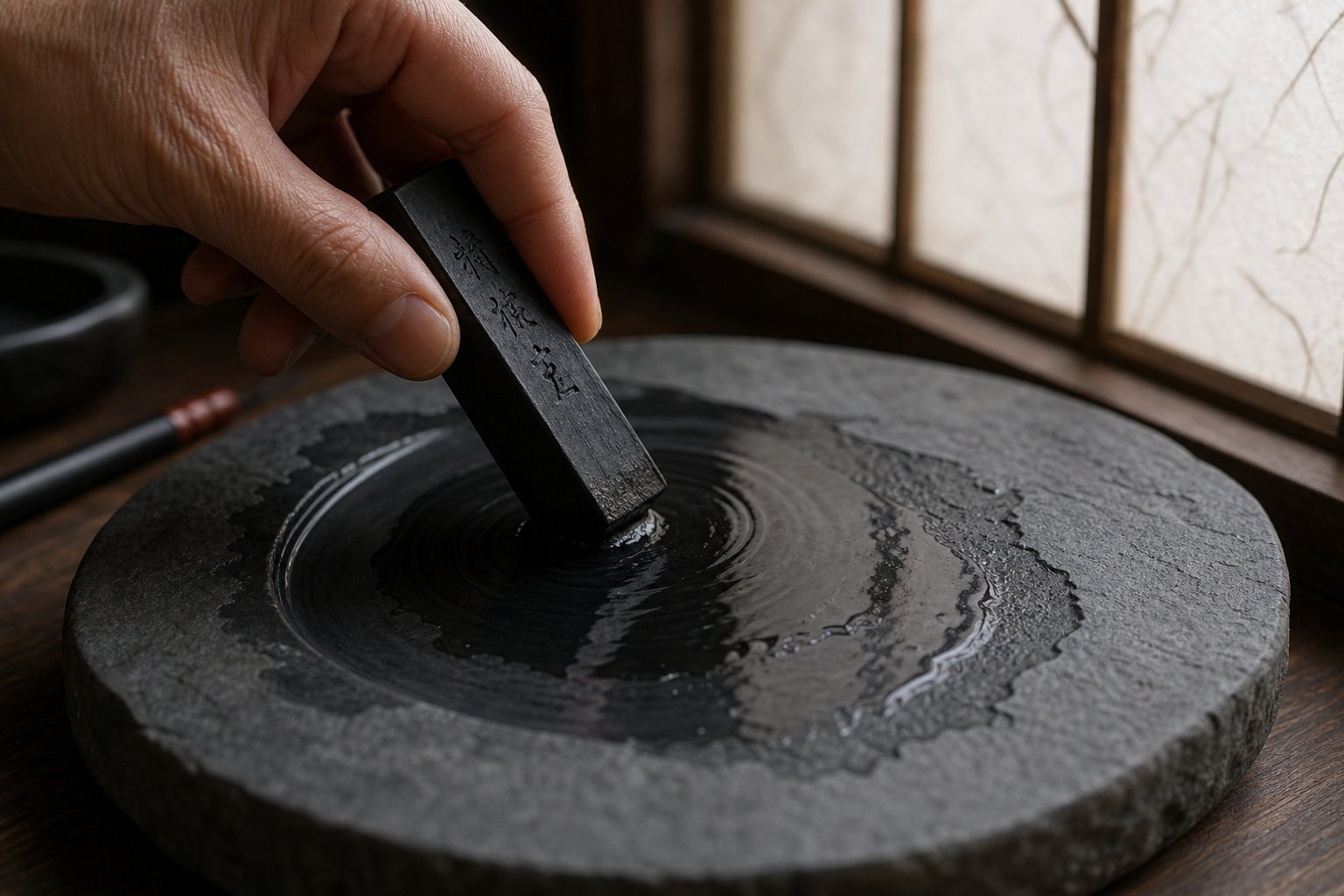 the meditative ritual of grinding ink served as a mindfulness practice preparing the calligrapher's mind before writing