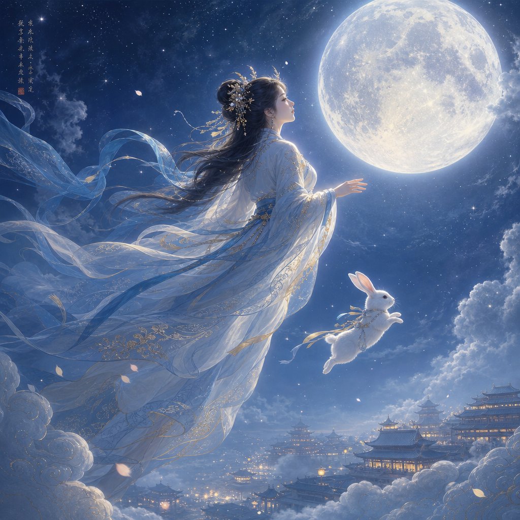 the moon goddess chang'e ascending to her lunar palace a central figure in chinese mythology who inspires many girl names
