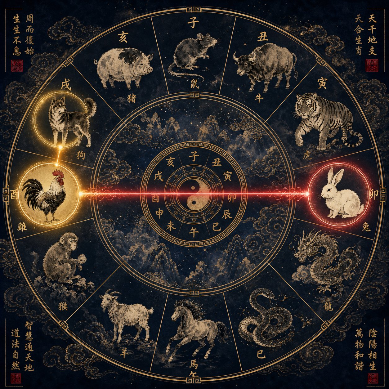 the rooster's direct clash with the rabbit and harm relationship with the dog form the basis of character avoidance rules