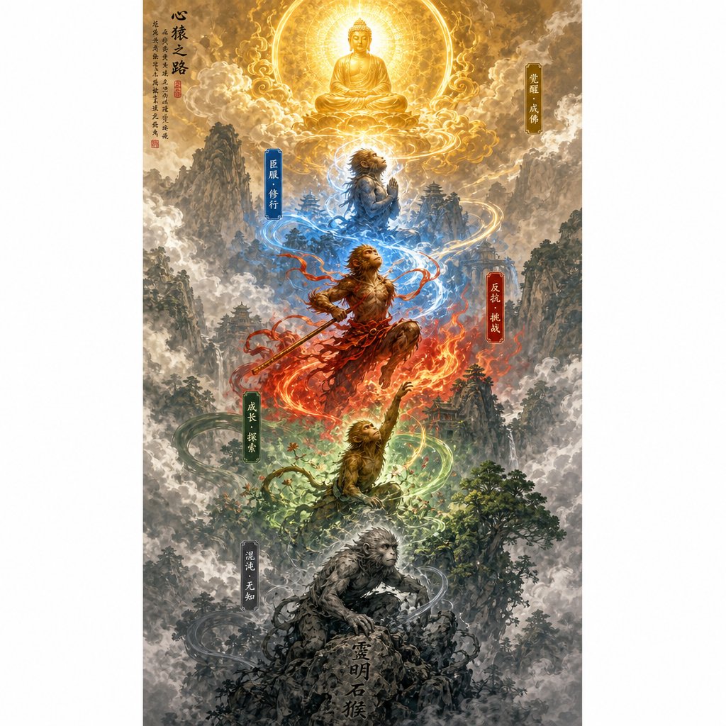 the spiritual progression of sun wukong from stone monkey to victorious fighting buddha reflected through his many titles