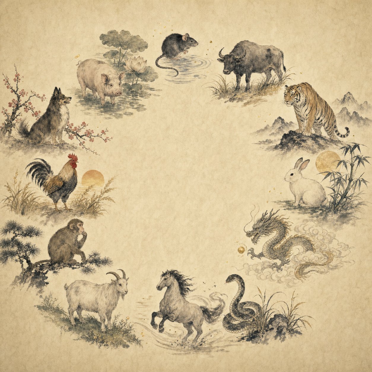 the twelve chinese zodiac animals and their associated elemental symbols used in traditional naming