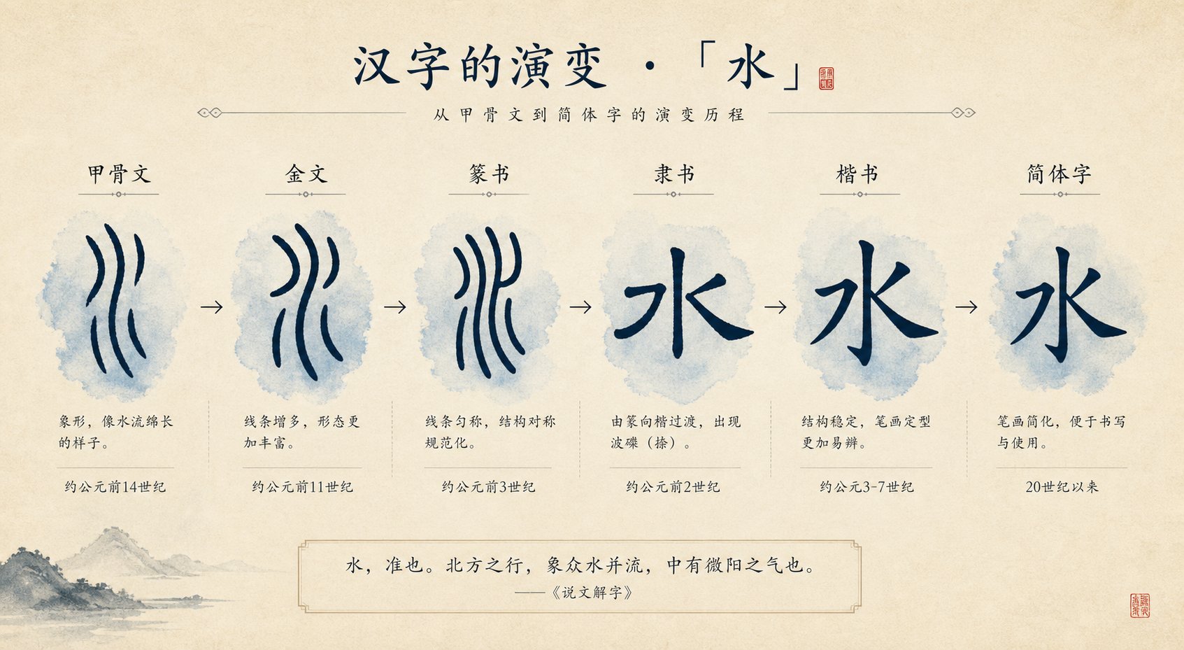 the visual evolution of the chinese water character from ancient pictograph to modern radical form