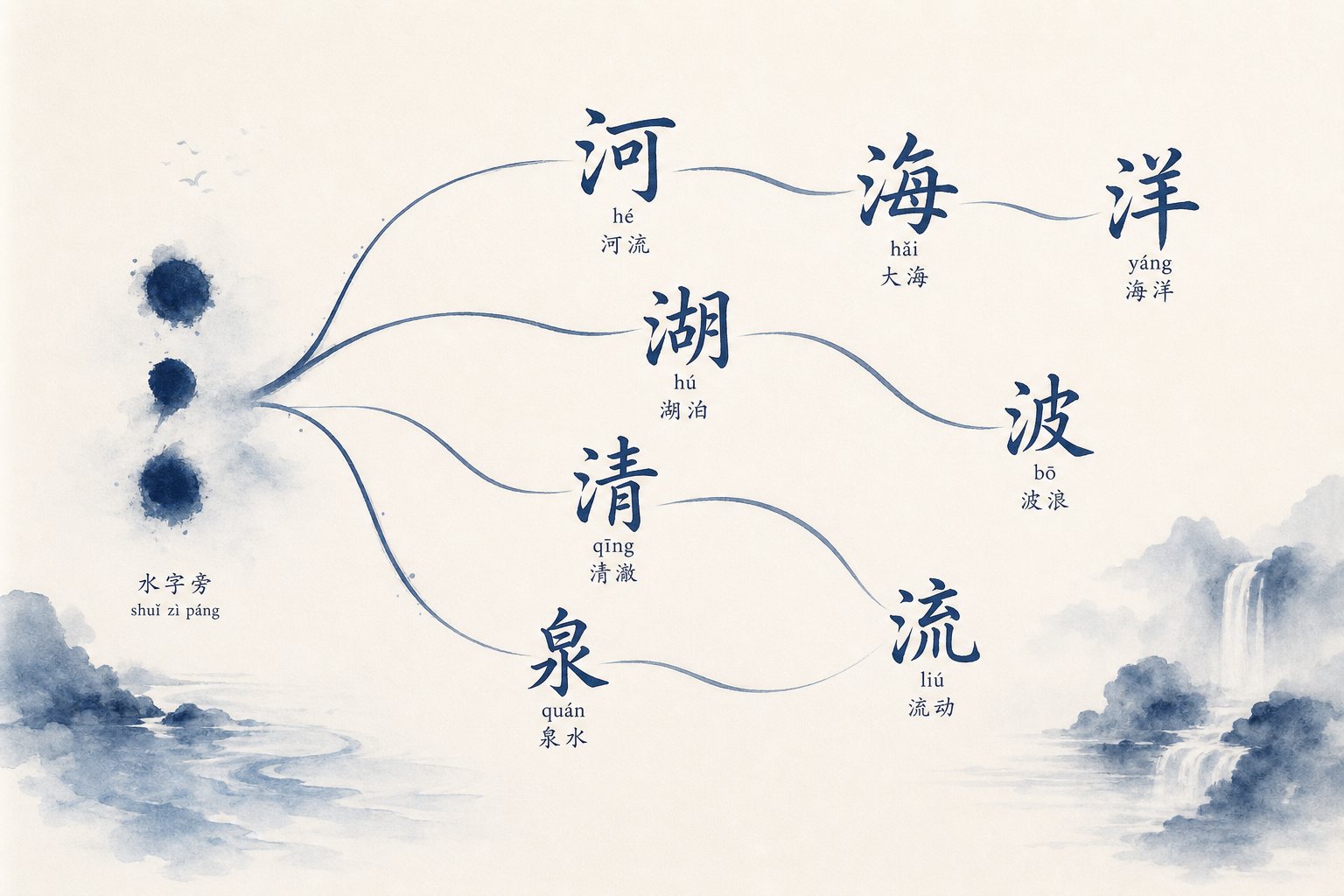 the water radical connects an entire family of characters related to liquid and flow