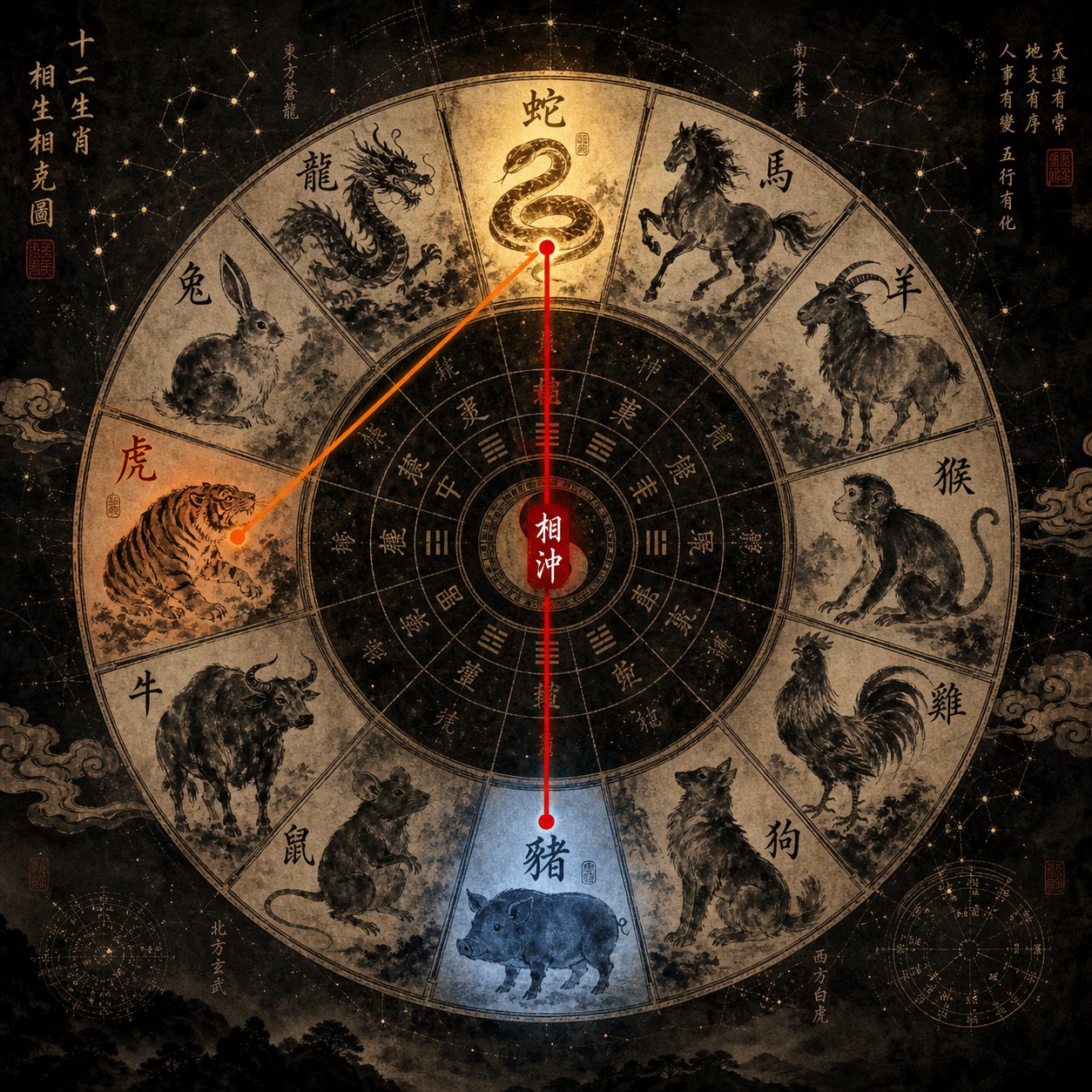 the zodiac wheel shows snake's direct clash with pig and six harm relationship with tiger