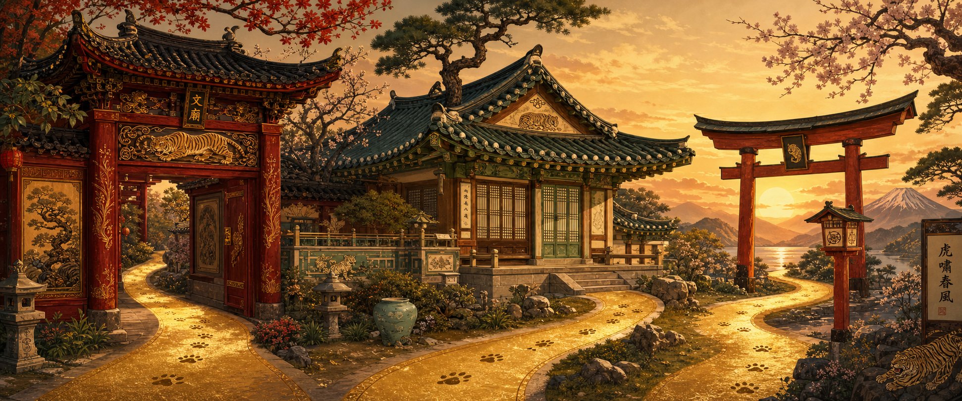 three east asian cultural landmarks connected by tiger symbolism representing vietnamese korean and japanese naming traditions