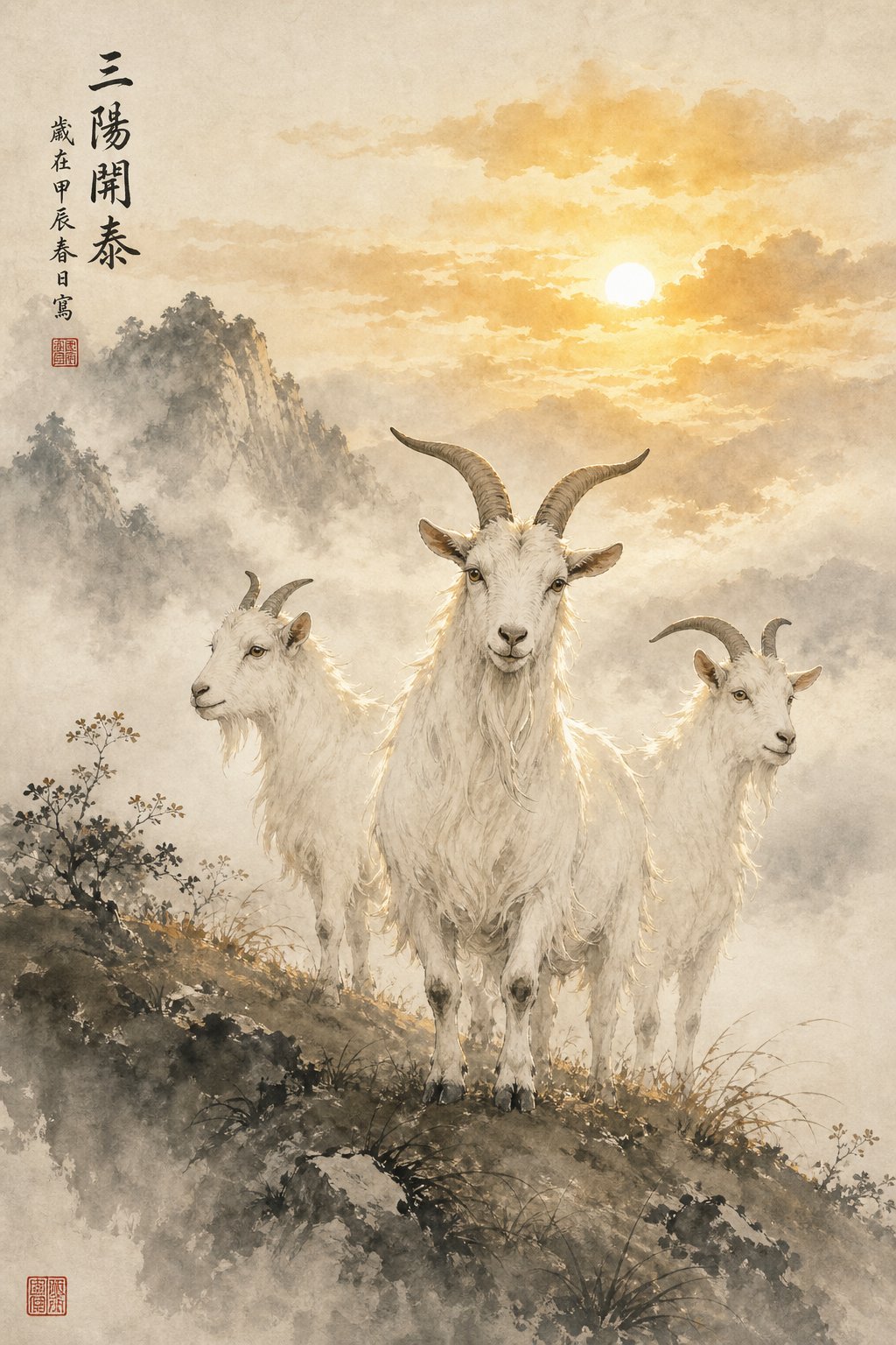 three goats symbolizing the classic blessing 三羊开泰 where goats represent returning yang energy