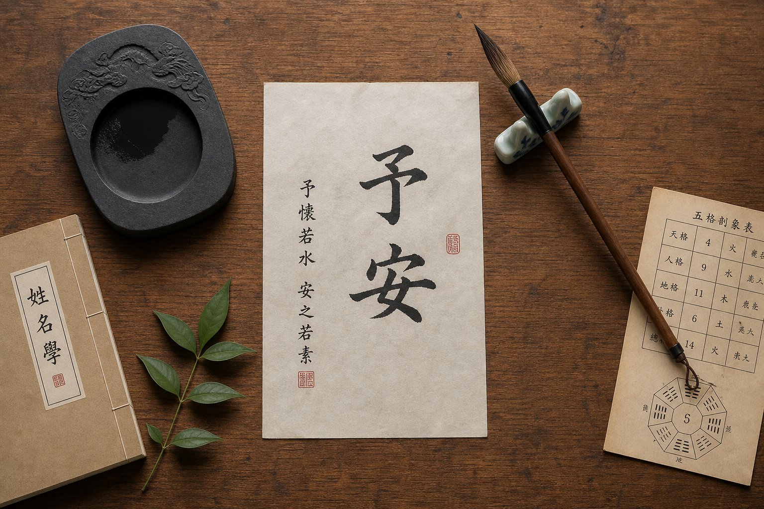 traditional calligraphy tools arranged for the naming process reflecting the deliberate artistry of choosing a chinese name
