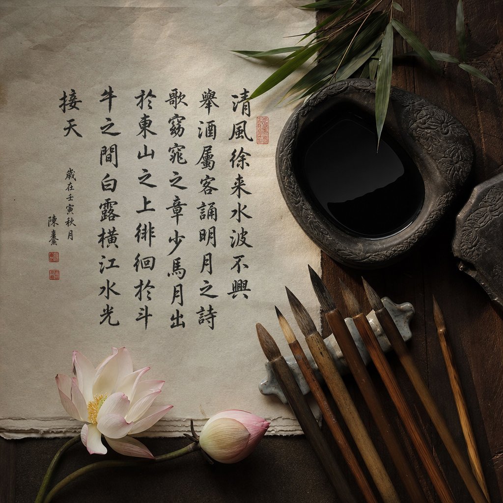 traditional calligraphy tools representing the creative process of combining chinese characters to build meaningful compound moon names