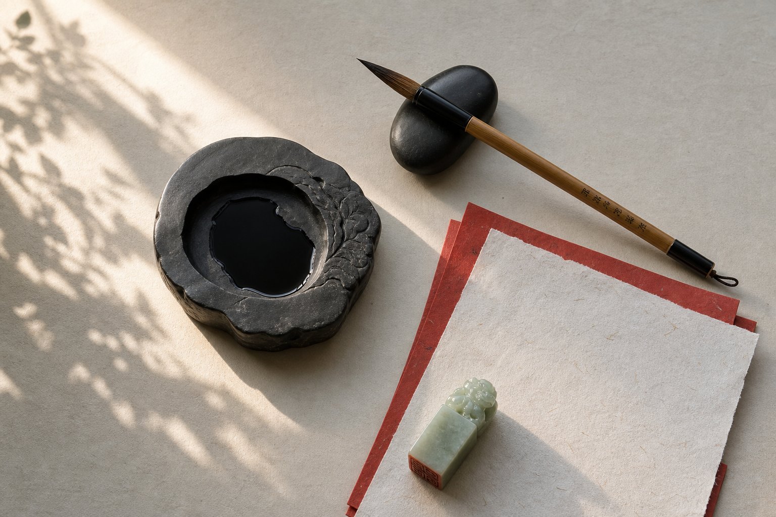 traditional calligraphy tools used for writing and selecting lucky characters with intention