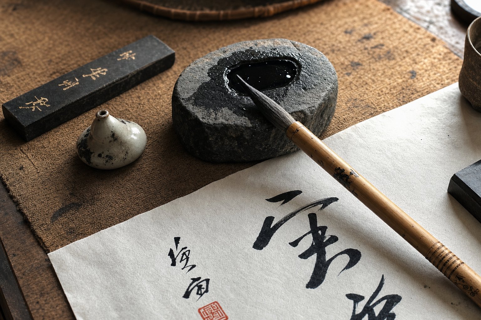 traditional chinese calligraphy tools and workspace for practicing brush writing