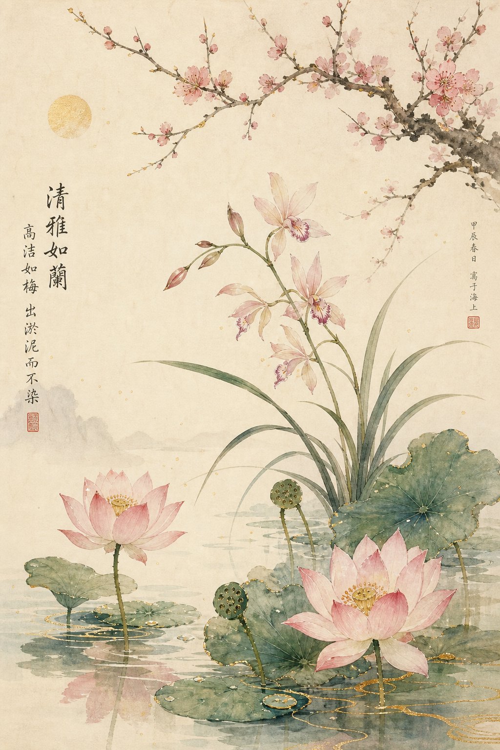 traditional chinese flowers representing the botanical naming tradition of lotus orchid and plum blossom