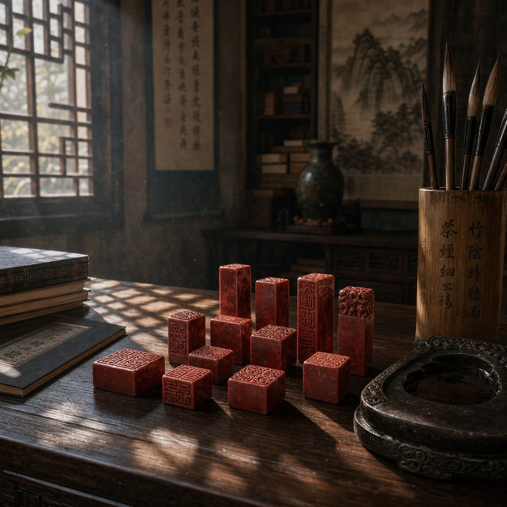 traditional chinese name seals in a scholar's study reflecting the historical practice of carrying multiple names for different social contexts