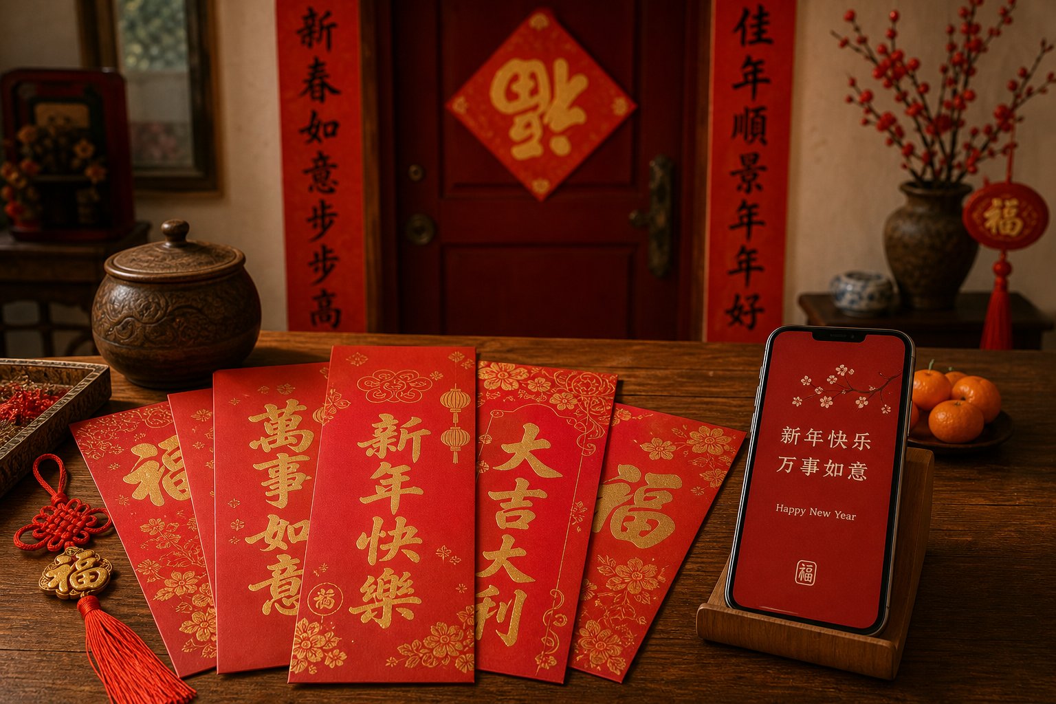 traditional red envelopes and spring couplets alongside modern digital dragon year greetings
