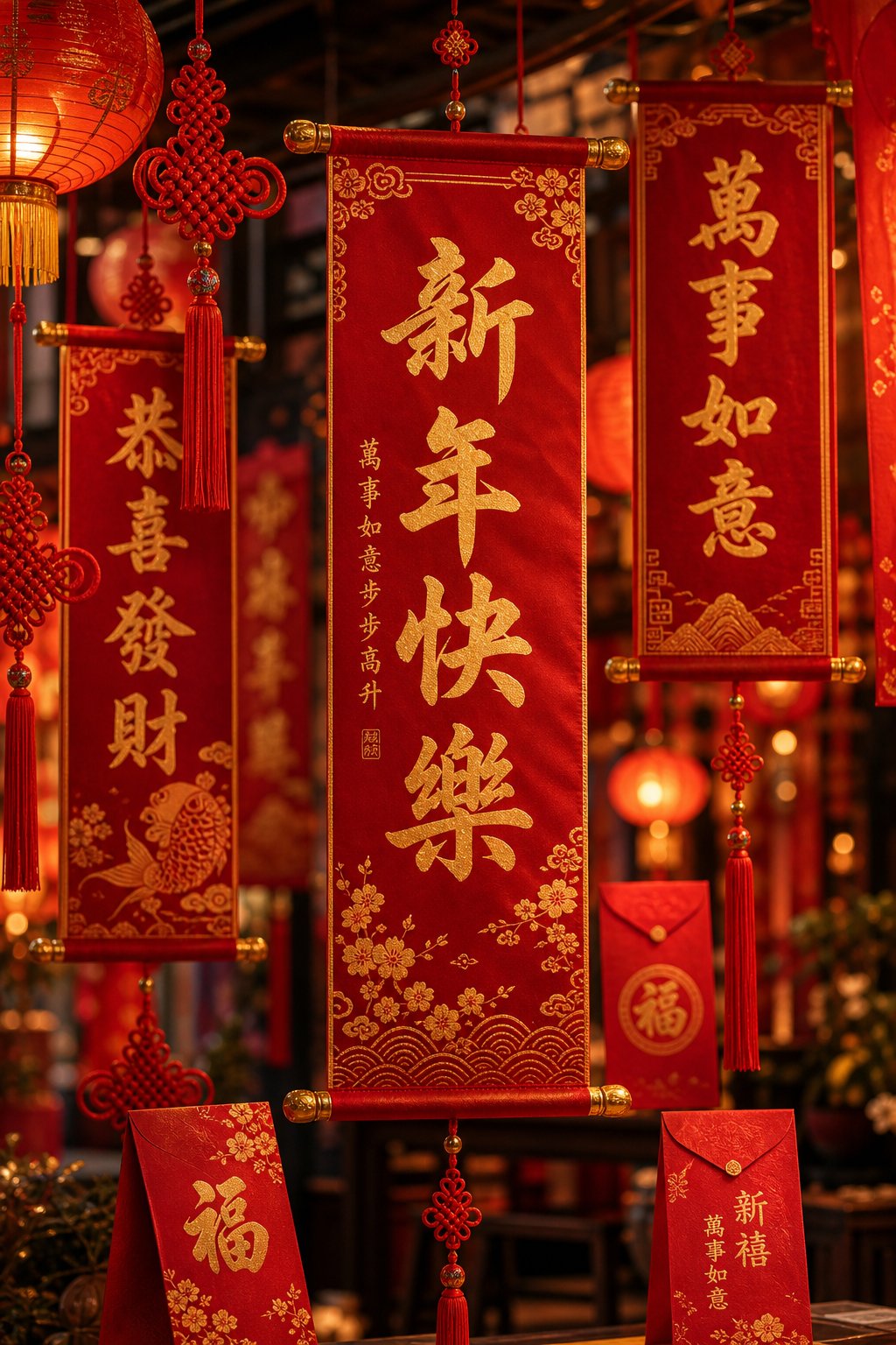 traditional red scrolls and banners displaying auspicious character combinations for rat year celebrations