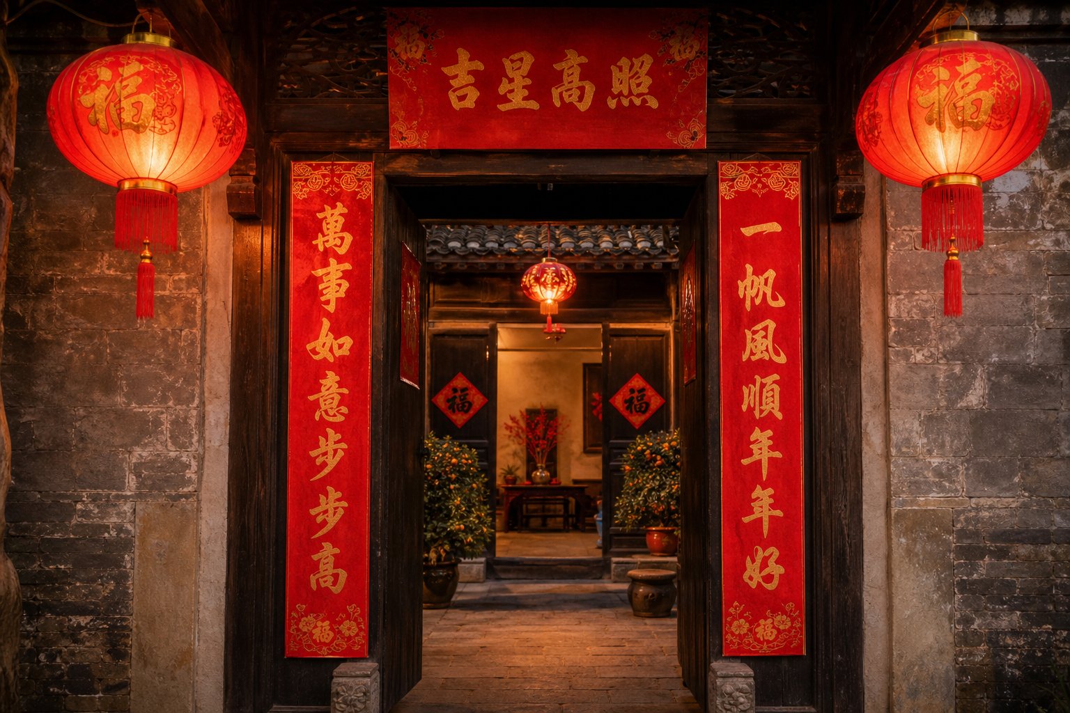 traditional spring couplets displayed on a doorframe during chinese new year featuring gold calligraphy on red paper