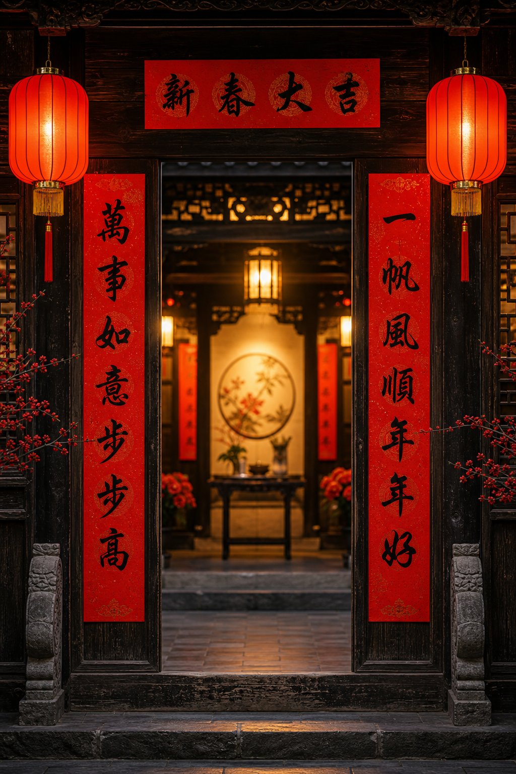 traditional spring couplets displayed on a doorway during lunar new year goat year celebrations