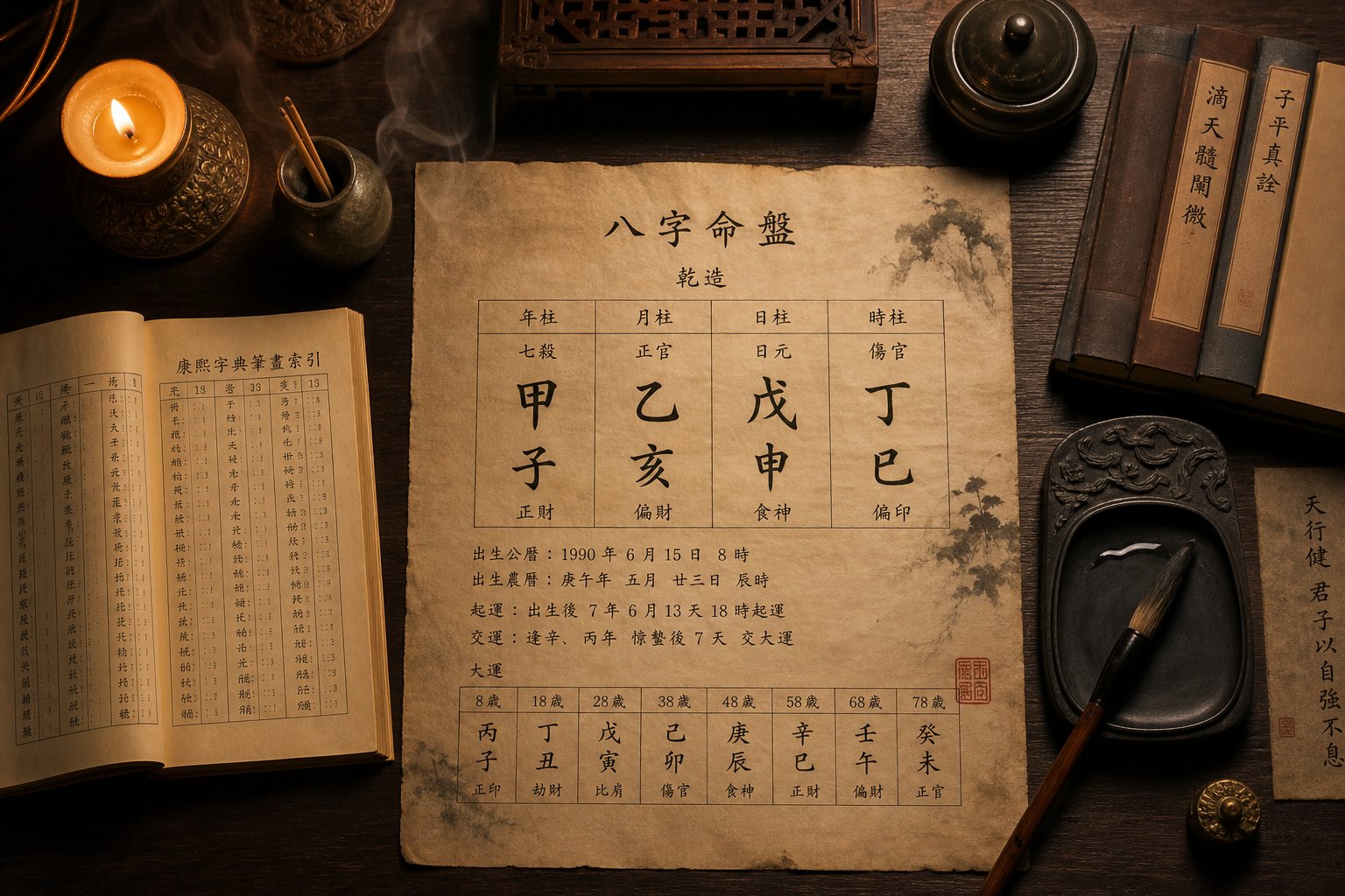 traditional tools used in the chinese naming process including birth charts and calligraphy