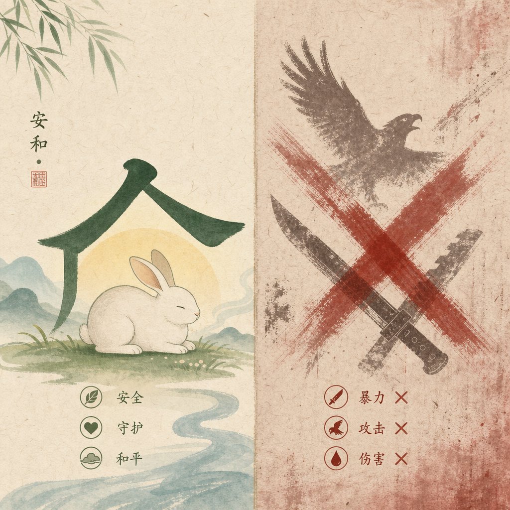 visual contrast between harmonious rabbit friendly characters and taboo symbols to avoid during rabbit year