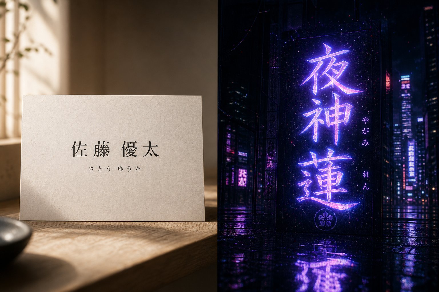 visual contrast between realistic japanese names used in everyday life and dramatic stylized names common in anime and fiction