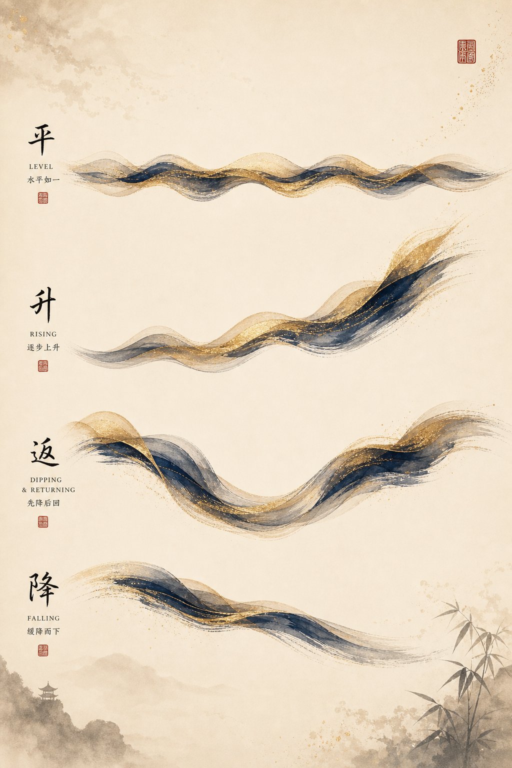 visual representation of mandarin's four tones as flowing energy contours reflecting natural balance