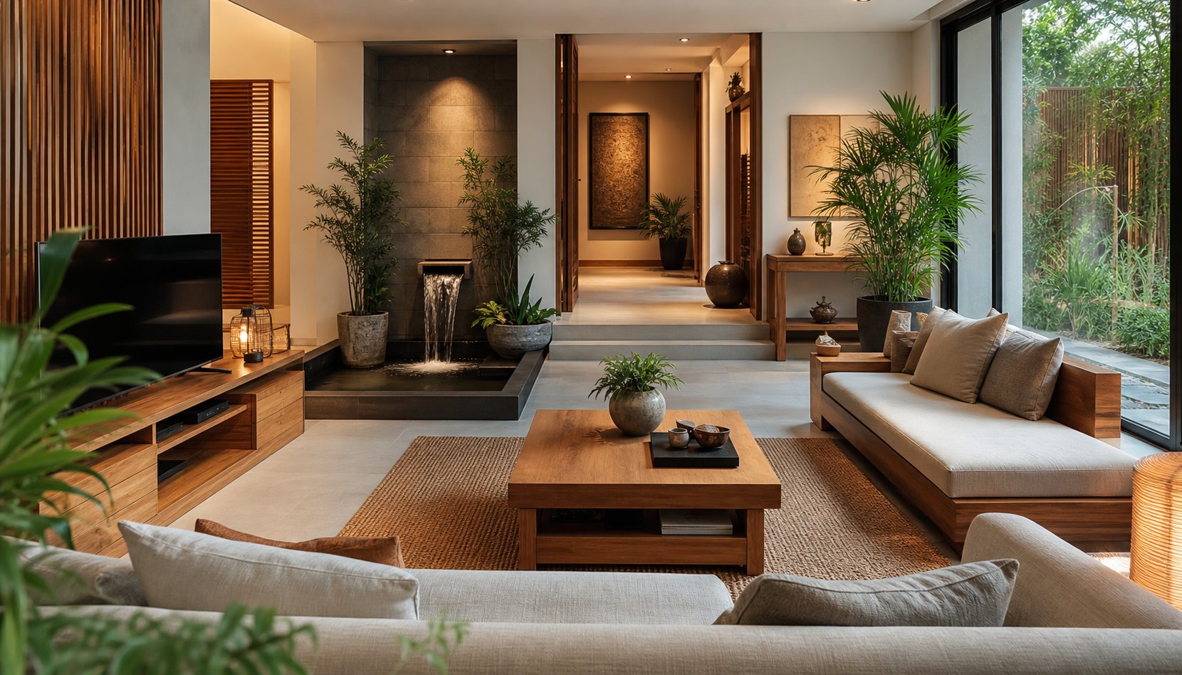 a balanced living space reflecting feng shui principles of energy flow and elemental harmony
