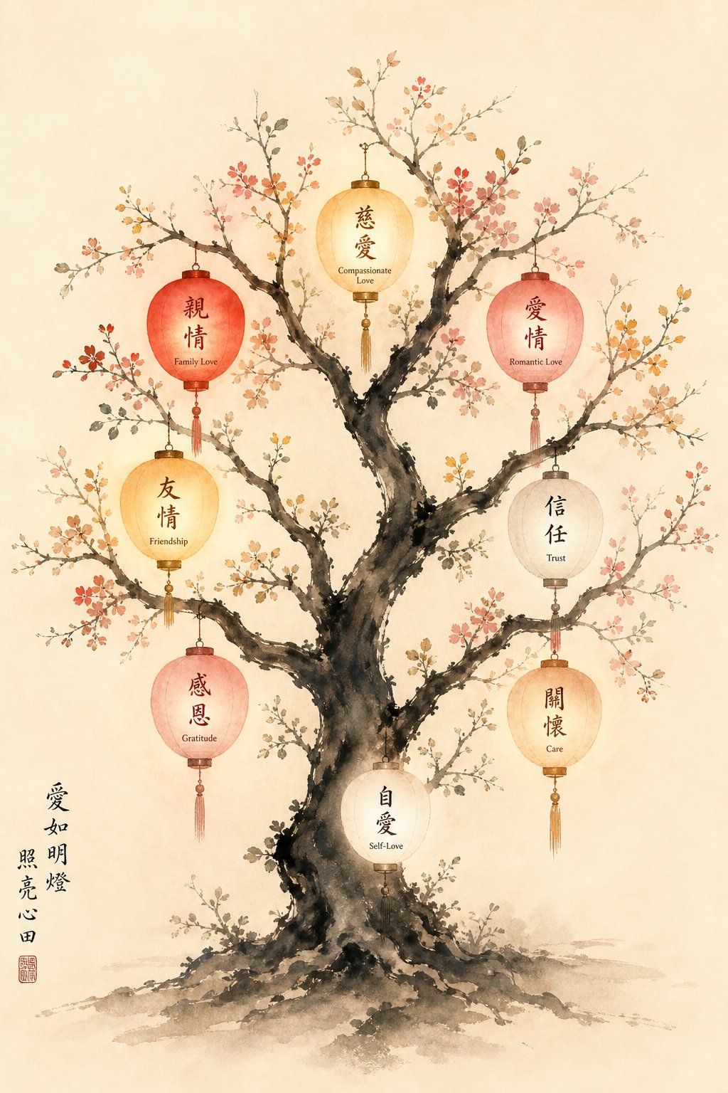 a branching tree symbolizing how the chinese love character 爱 extends into many compound words for different relationships