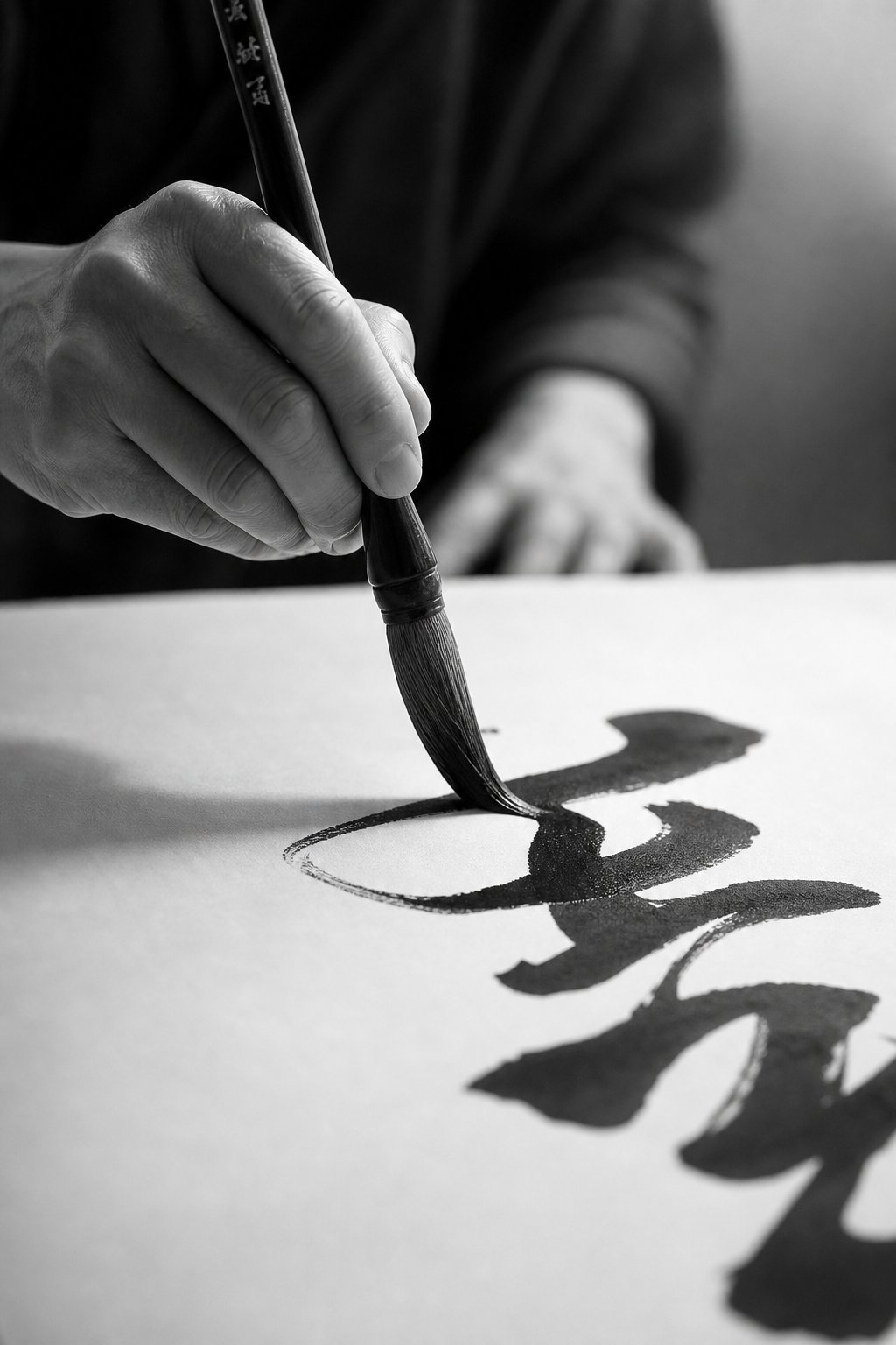 a brush mid stroke showing the pressure and flow technique central to east asian calligraphy practice