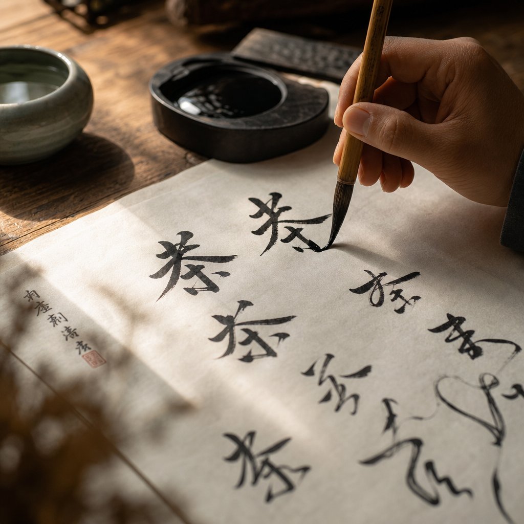 a calligrapher practicing chinese brush writing across different script styles from regular to cursive