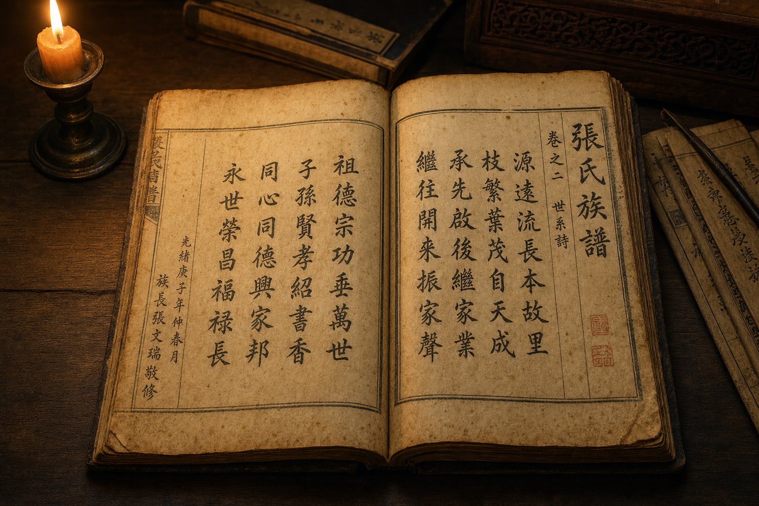 a clan genealogy book with the generation poem recorded in its opening pages