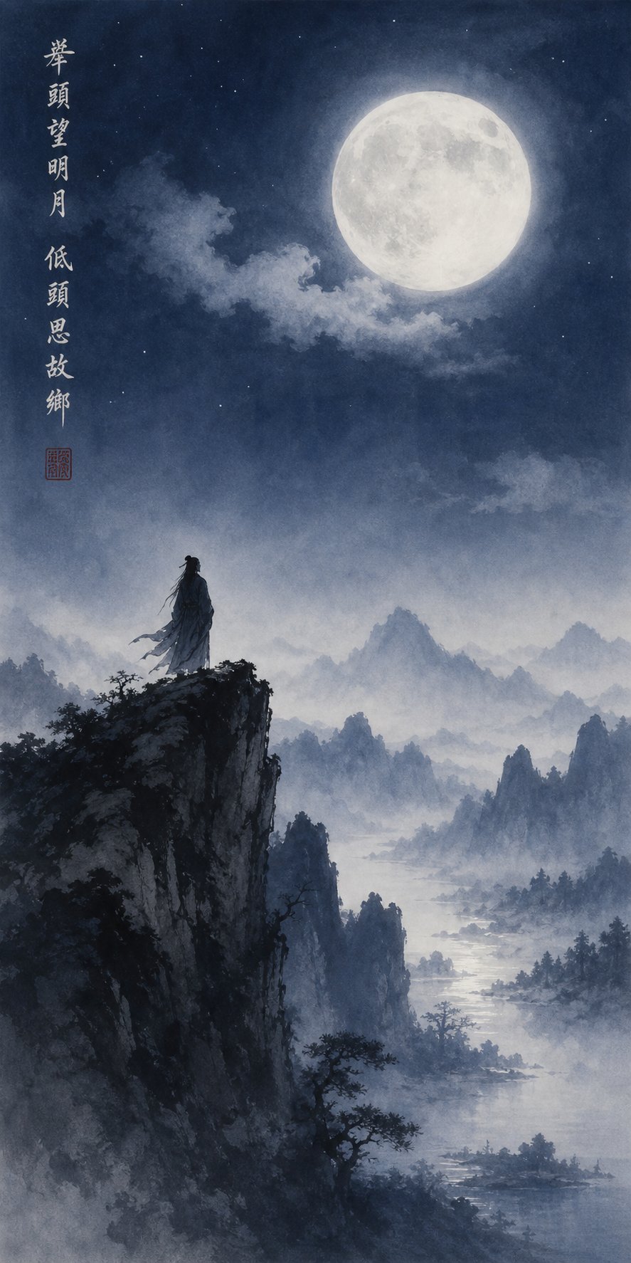 a figure gazing at the distant moon illustrating the original pictographic meaning of the character 望 in chinese
