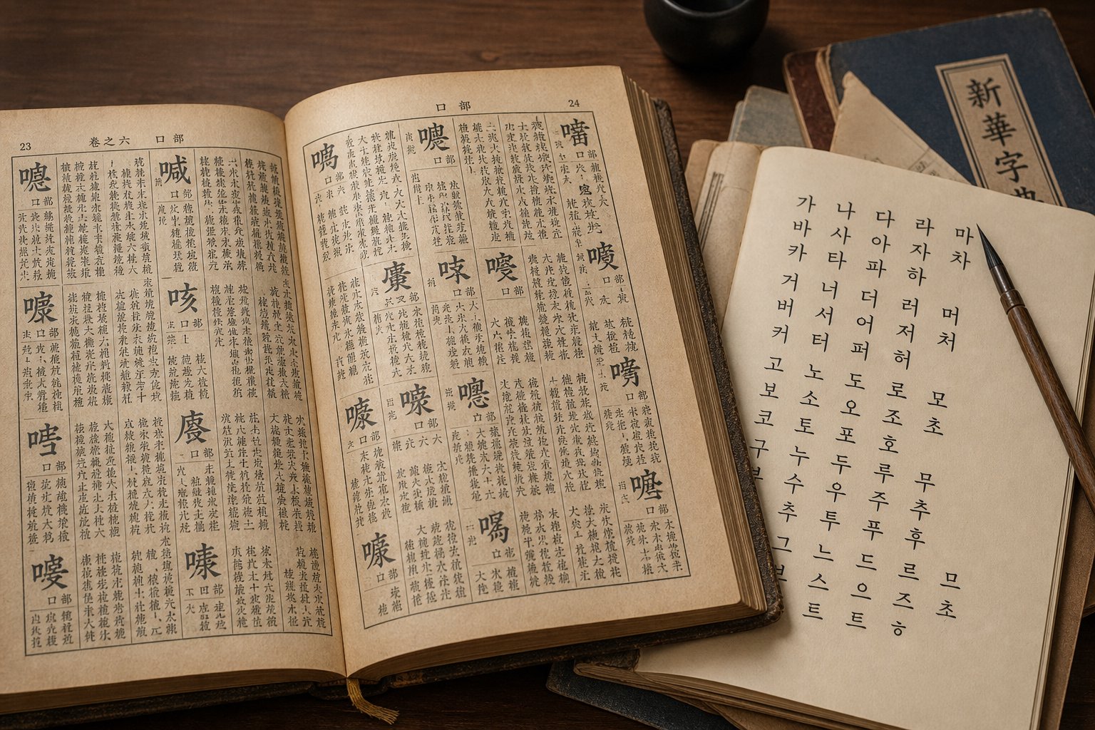 a hanja dictionary and calligraphy tools representing how korean parents select meaningful characters for their daughter's name