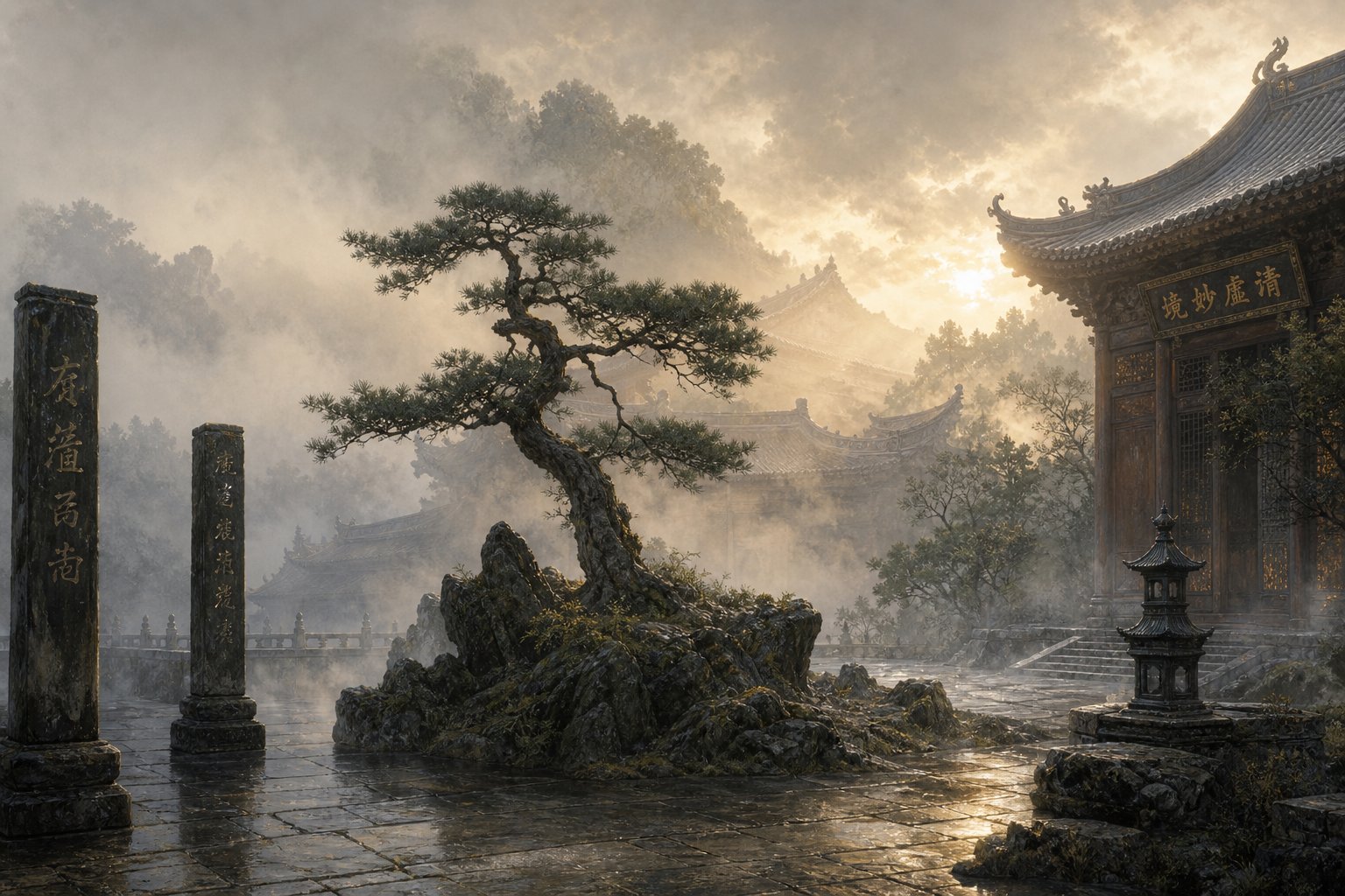 a misty taoist temple courtyard at dawn symbolizing the philosophical balance between hope and acceptance in chinese thought