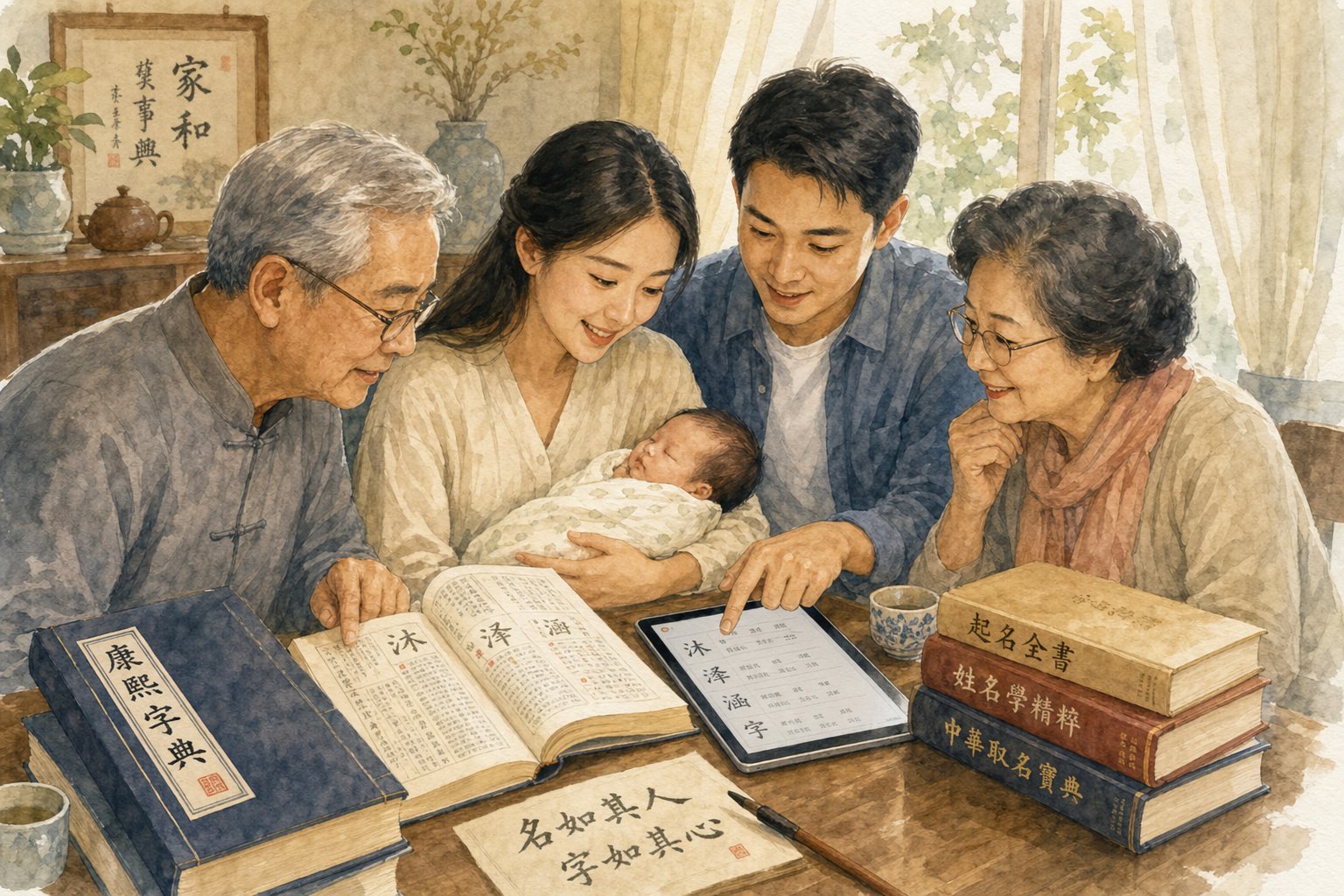 a modern family consulting traditional and digital resources for zodiac based baby naming