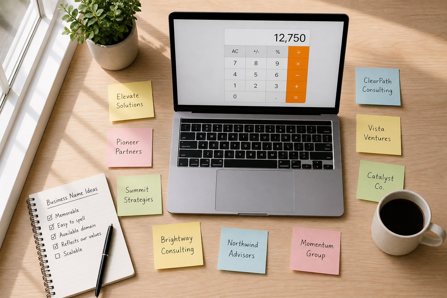 a practical workspace setup for evaluating business name options using numerology calculators and branding checklists