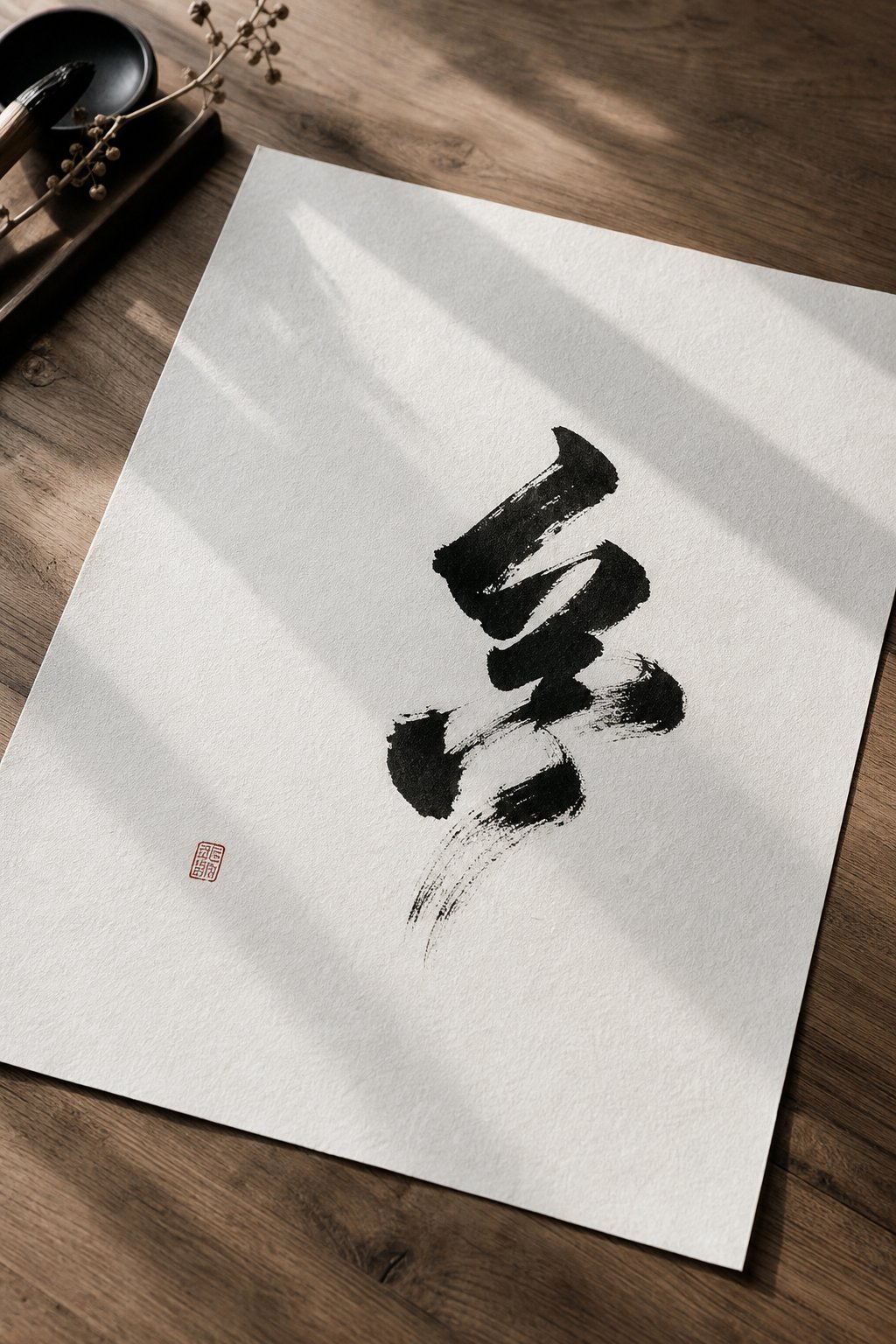 a single brushed character surrounded by intentional empty space illustrating the compositional power of negative space in calligraphy