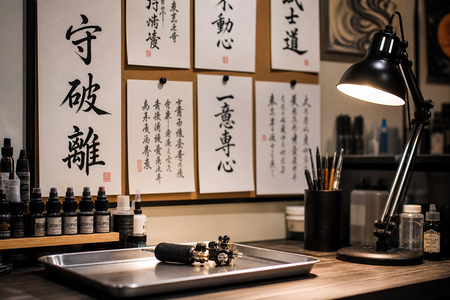 a tattoo studio workspace with chinese calligraphy references highlighting the importance of accuracy in character tattoos