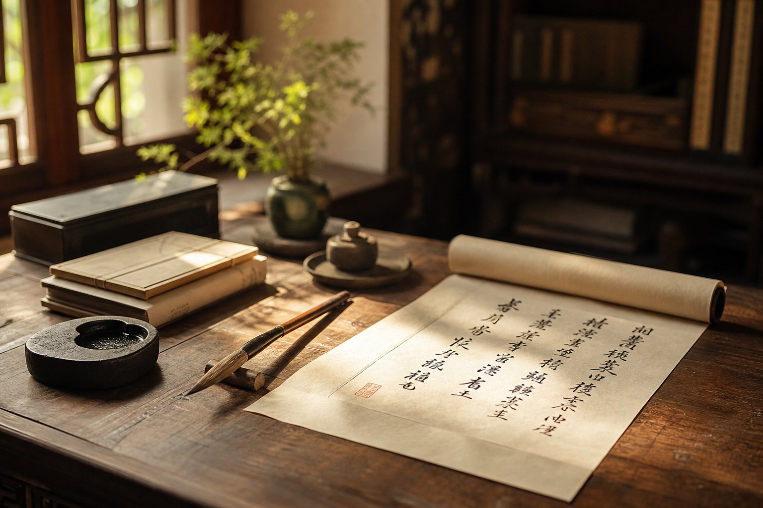 a traditional calligraphy setting represents the thoughtful process of selecting harmonious name radicals for a rooster born child