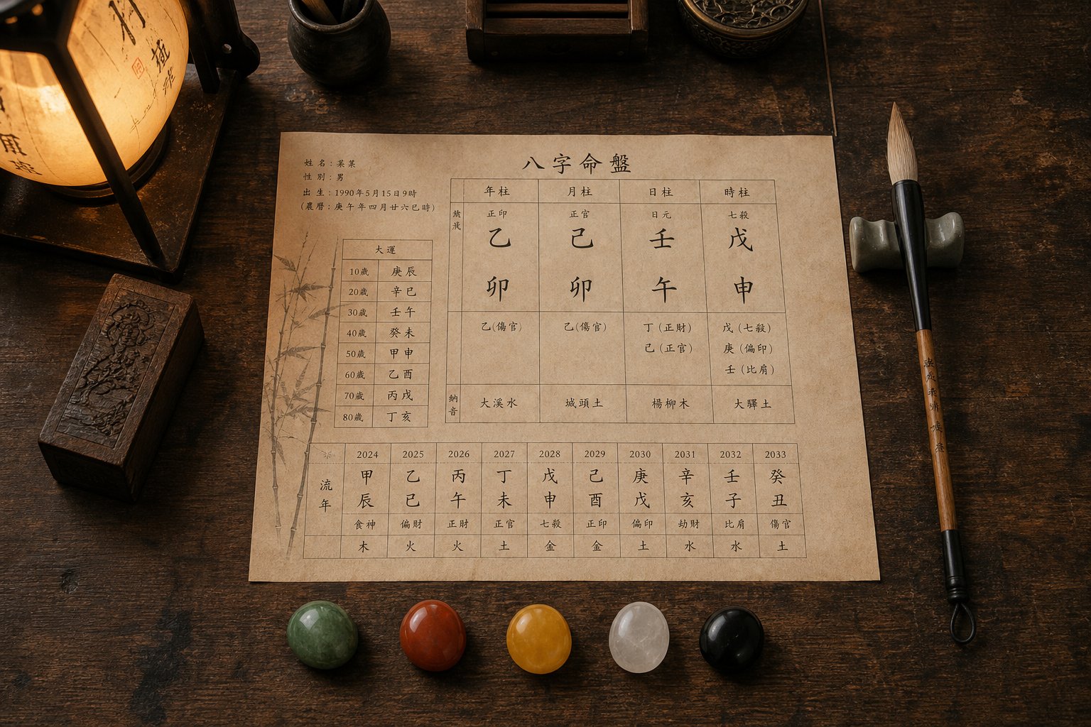 a traditional workspace for manually calculating name elements using bazi and wu ge methods