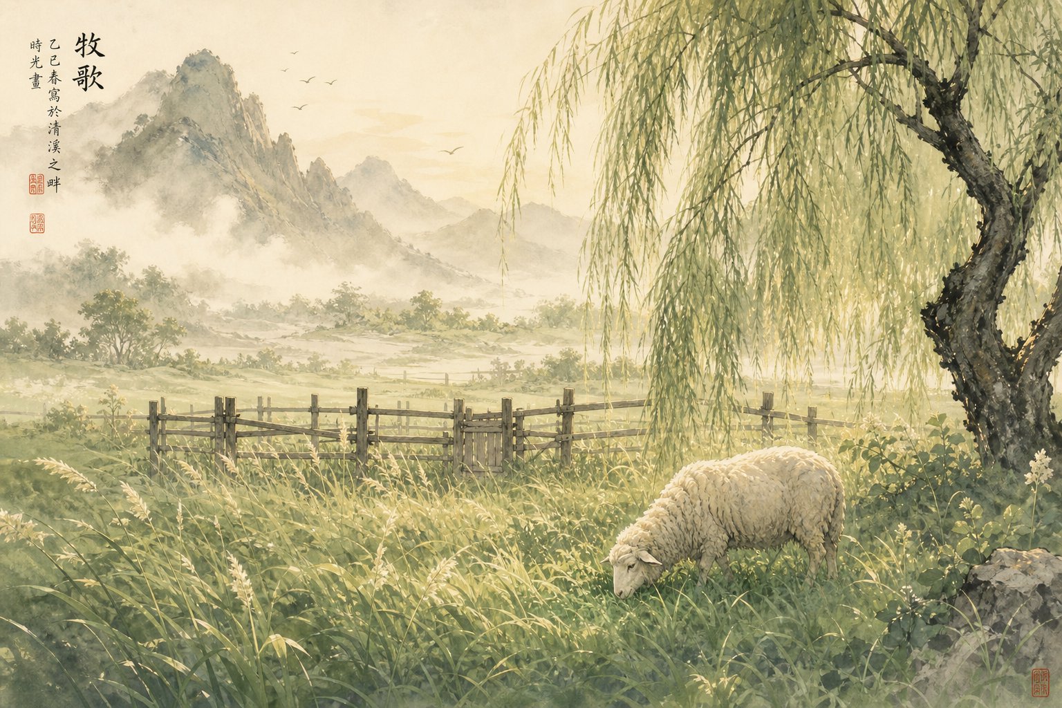 a well sheltered sheep surrounded by abundant grass and protective trees representing the core auspicious radicals for naming