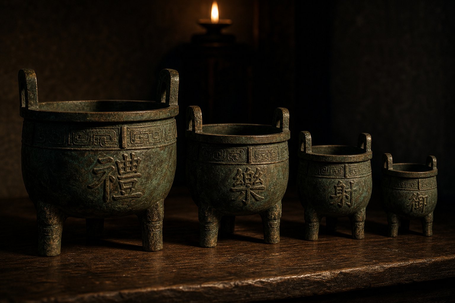 ancient bronze vessels symbolizing the four position birth order system used by elite chinese families during the zhou and han dynasties