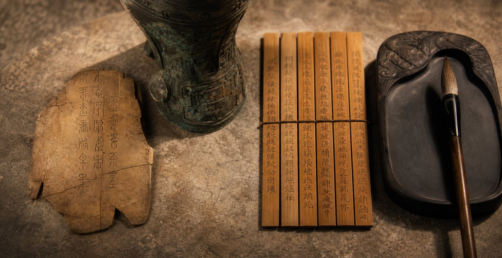 ancient chinese writing tools representing the evolution of script from oracle bones to brush calligraphy