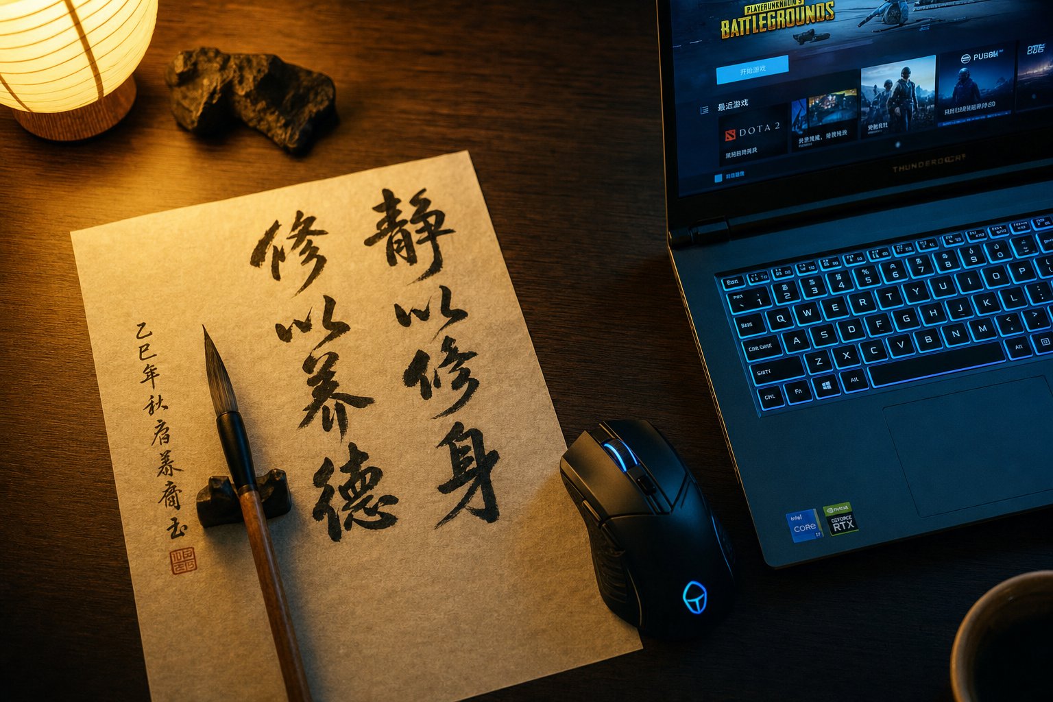 blending traditional chinese calligraphy tools with modern gaming gear for crafting unique tags