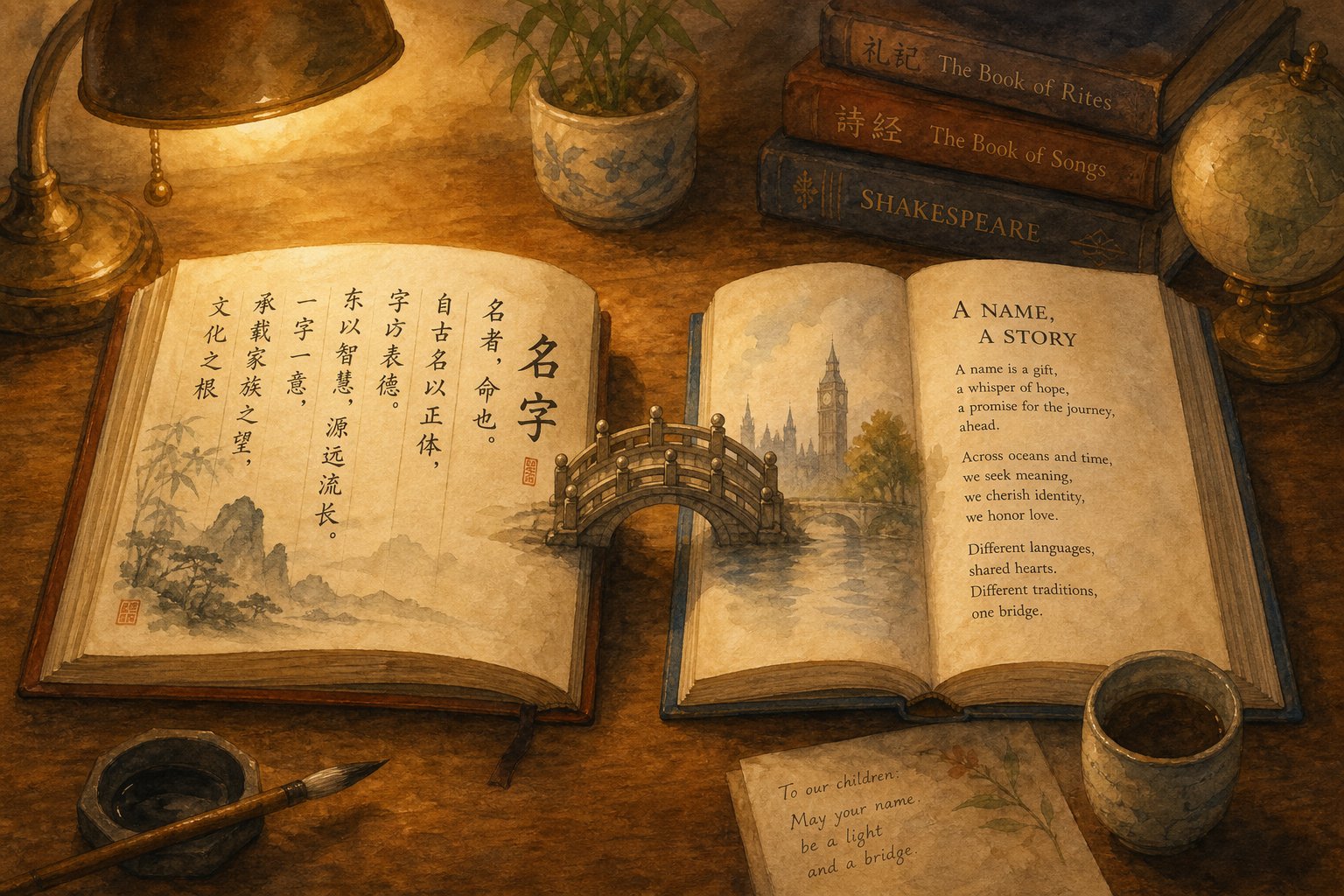 books in chinese and english connected by a bridge symbolizing how families blend eastern and western naming traditions for monkey year babies