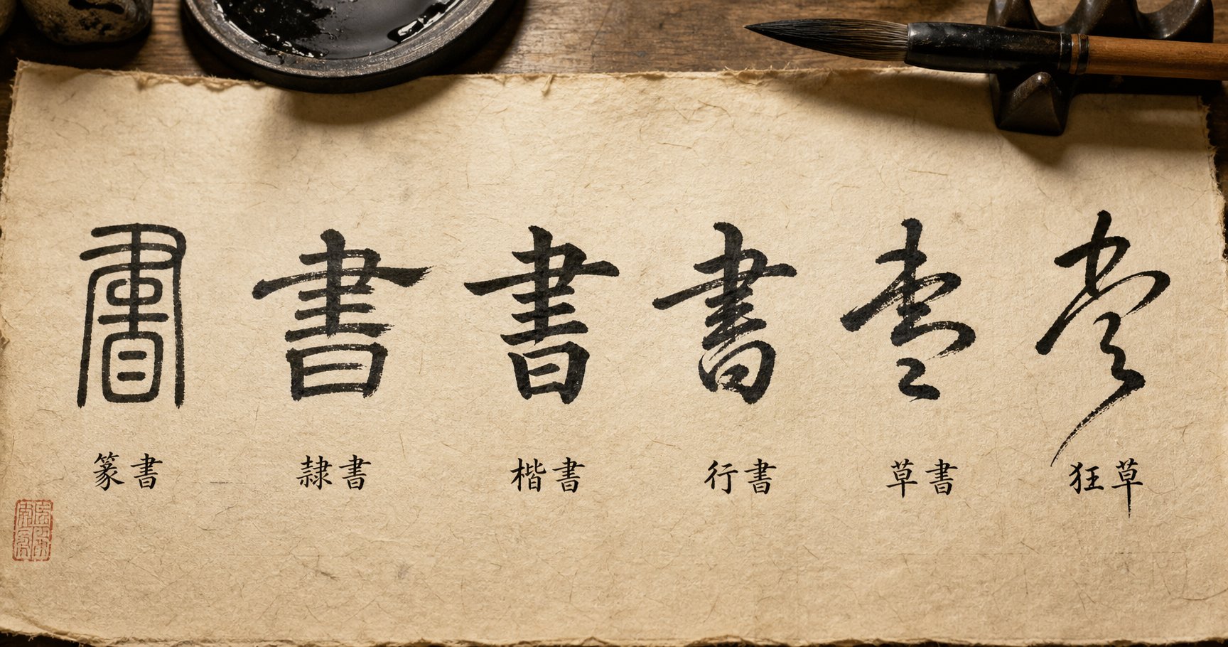 calligraphy script styles ranging from formal seal script to expressive cursive showing the evolution of brushwork