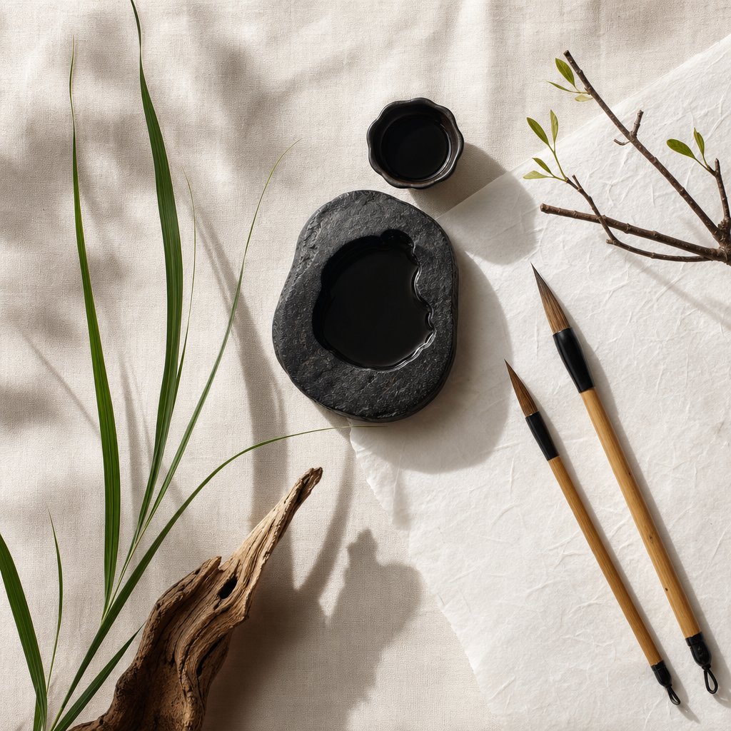 calligraphy tools surrounded by grass and wood elements representing the auspicious radicals used in sheep year naming