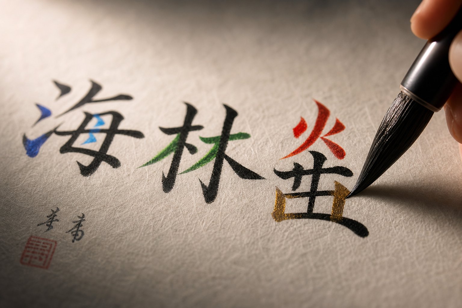 chinese character radicals glowing in their elemental colors during traditional calligraphy